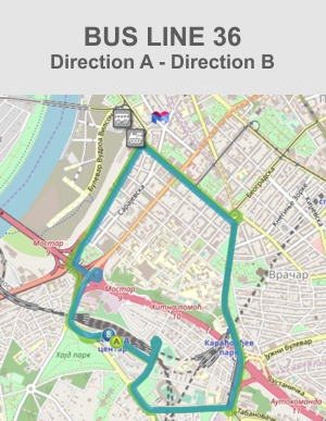 Bus Line 36 - Map of transport from The Railway Station Center to the hostel in Belgrade